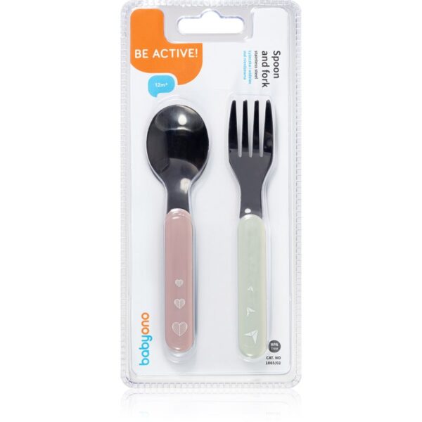 BabyOno Be Active Stainless Steel Spoon and Fork tacâmuri Pastel 12 m+ 2 buc-ro
