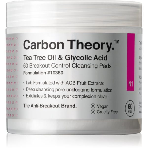 Carbon Theory Tea Tree Oil & Glycolic Acid dischete demachiante pentru strălucirea și netezirea pielii 60 buc-ro