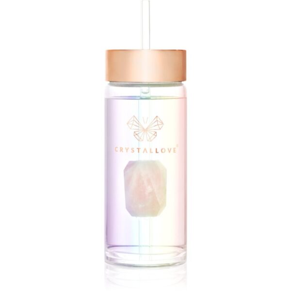 Crystallove Straw Water Bottle sticlă pentru apă cu pai Hologram - Rose Quartz 400 ml-Țena