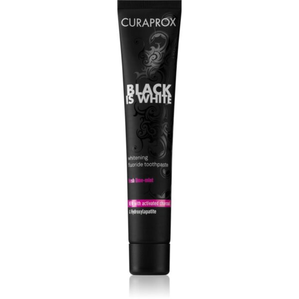 Curaprox Black is White pastă de dinți pentru albire cu cărbune activ și hidroxiapatită aroma Fresh Lime-Mint 90 ml-ro