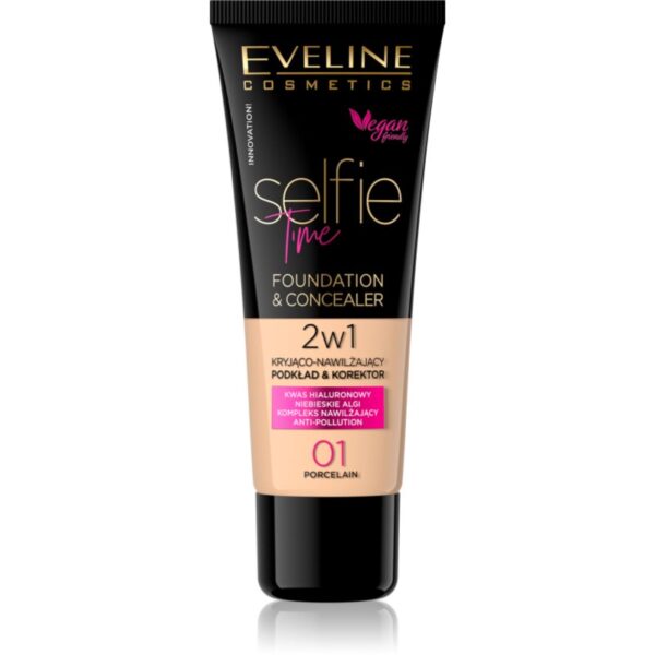Eveline Cosmetics Selfie Time make-up si corector 2 in 1 culoare 01 Porcelain 30 ml-Țena