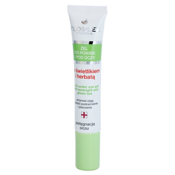 FlosLek Pharma Eye Care Gel pentru  jurul ochilor cu un luminator și ceai verde 15 ml-ro