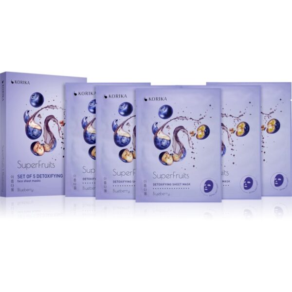 KORIKA SuperFruits Blueberry - Set of 5 Detoxifying Face Sheet Masks set de măști de față la un preț mai avantajos cu efect detoxifiant Blueberry-Țena