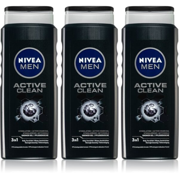 NIVEA MEN Active Clean Gel de duș pentru bărbați ambalaj economic 3 x 500 ml-Țena