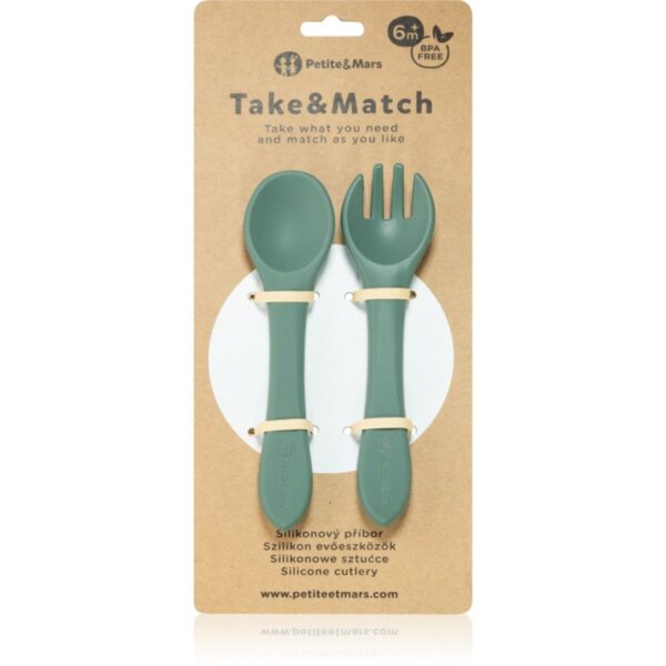 Petite&Mars Take&Match Silicone Cutlery tacâmuri Misty Green 6 m+ 2 buc-ro
