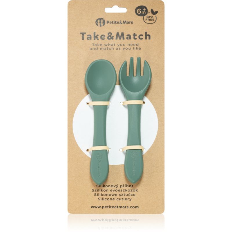 Petite&Mars Take&Match Silicone Cutlery tacâmuri Misty Green 6 m+ 2 buc-ro