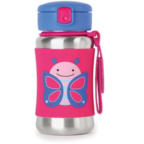 Skip Hop Zoo Straw Bottle sticlă inoxidabilă pentru apă cu pai Butterfly 12 m+ 350 ml-ro