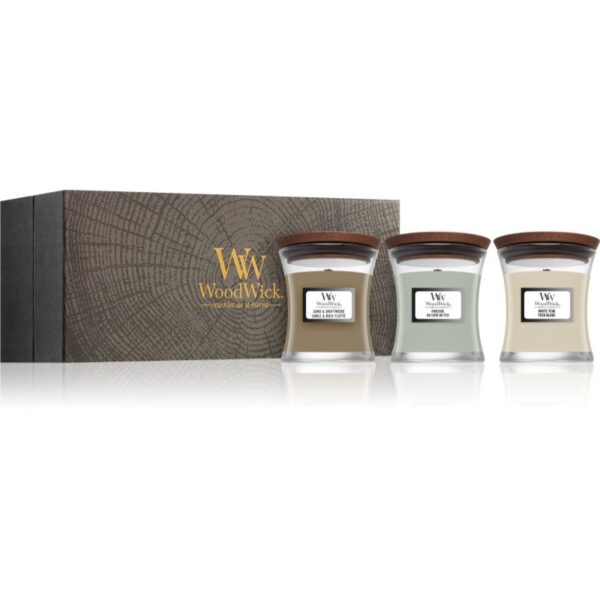 Woodwick Fireside + White Teak + Sand & Driftwood set cadou 3x85 g-ro