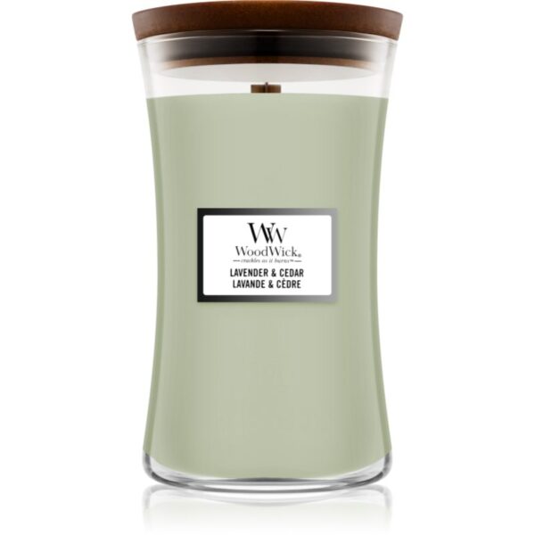 Woodwick Lavender & Cedar lumânare parfumată cu fitil din lemn 610 g-ro