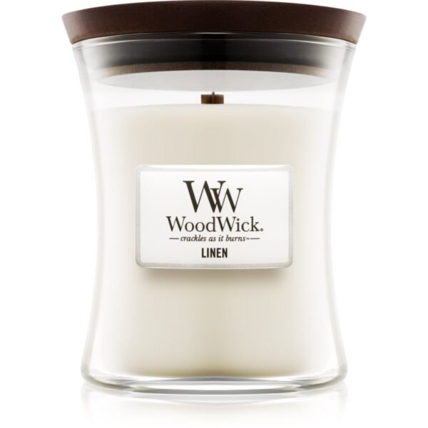 Woodwick Linen lumânare parfumată cu fitil din lemn 275 g-Țena