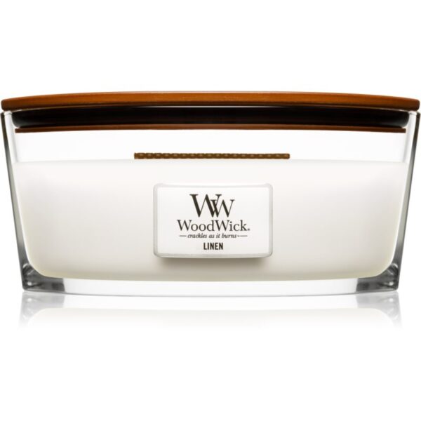 Woodwick Linen lumânare parfumată cu fitil din lemn (hearthwick) 453.6 g-ro