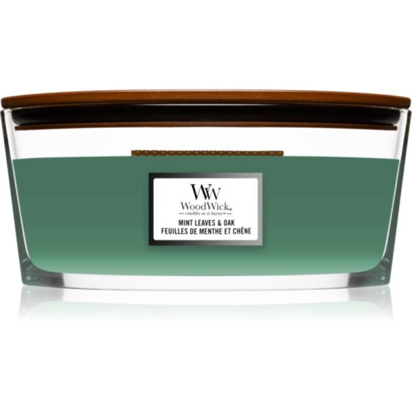 Woodwick Mint Leaves & Oak lumânare parfumată cu fitil din lemn (hearthwick) 453