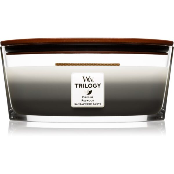 Woodwick Trilogy Warm Woods lumânare parfumată cu fitil din lemn (hearthwick) 453.6 g-Țena