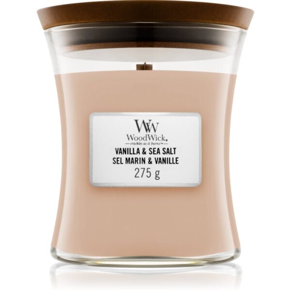 Woodwick Vanilla & Sea Salt lumânare parfumată cu fitil din lemn 275 g-ro