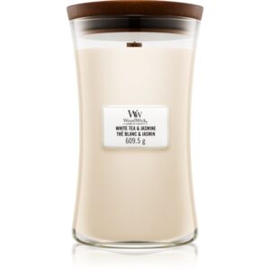 Woodwick White Tea & Jasmine lumânare parfumată cu fitil din lemn 609.5 g-ro